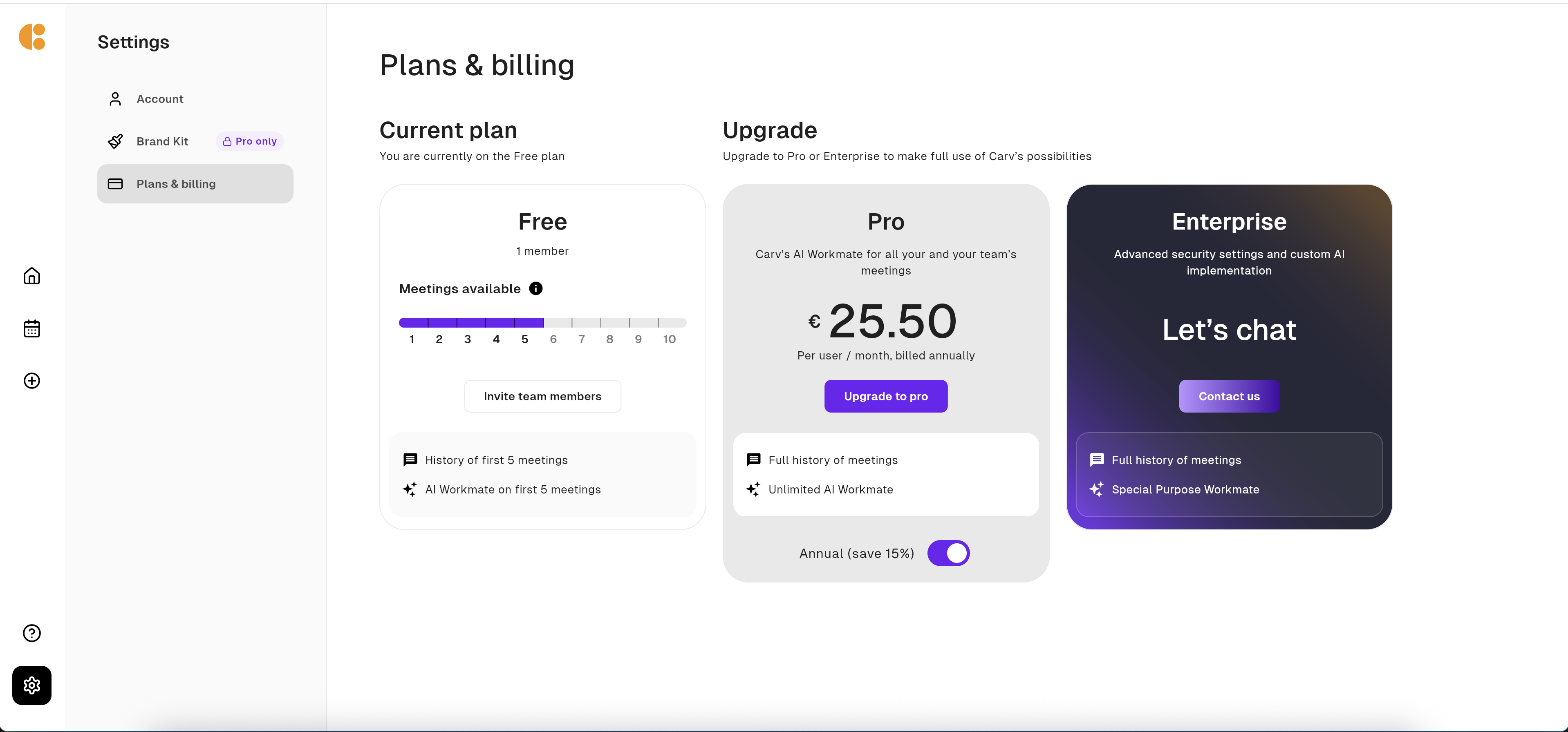 Carv Plans and Billing Dashboard
